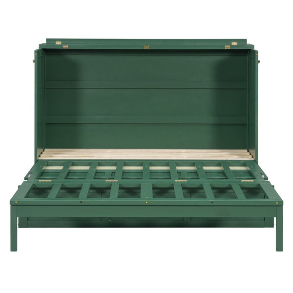 English Elm Queen Murphy Bed Cabinet with Rattan Panel Detail and Built-in Storage Drawers Green LP000678AAF-1