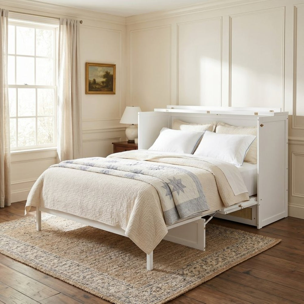 English Elm Queen Murphy Bed Cabinet with Rattan Panel Detail and Built-in Storage Drawers White LP000678AAK-1