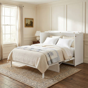 English Elm Queen Murphy Bed Cabinet with Rattan Panel Detail and Built-in Storage Drawers White LP000678AAK-1