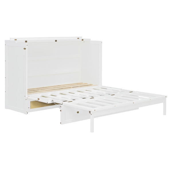 English Elm Queen Murphy Bed Cabinet with Rattan Panel Detail and Built-in Storage Drawers White LP000678AAK-1