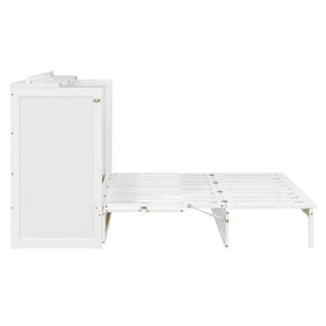 English Elm Queen Murphy Bed Cabinet with Rattan Panel Detail and Built-in Storage Drawers White LP000678AAK-1