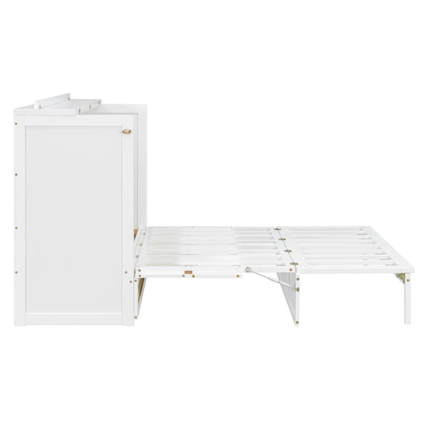 English Elm Queen Murphy Bed Cabinet with Rattan Panel Detail and Built-in Storage Drawers White LP000678AAK-1
