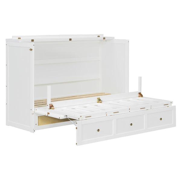 English Elm Queen Murphy Bed Cabinet with Rattan Panel Detail and Built-in Storage Drawers White LP000678AAK-1
