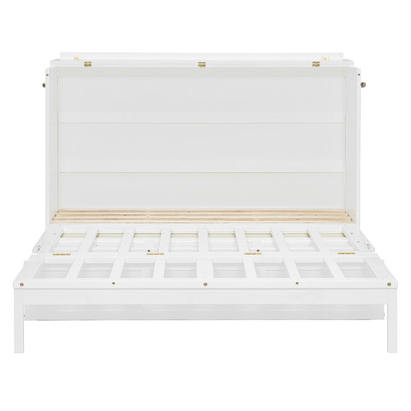 English Elm Queen Murphy Bed Cabinet with Rattan Panel Detail and Built-in Storage Drawers White LP000678AAK-1