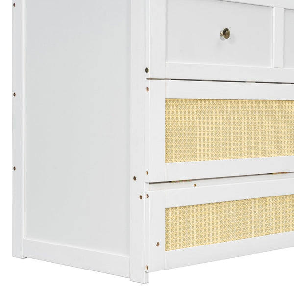 English Elm Queen Murphy Bed Cabinet with Rattan Panel Detail and Built-in Storage Drawers White LP000678AAK-1