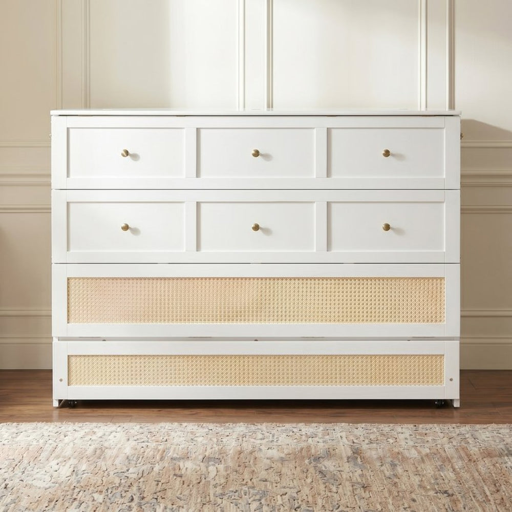 English Elm Queen Murphy Bed Cabinet with Rattan Panel Detail and Built-in Storage Drawers White LP000678AAK-1
