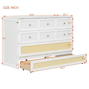 English Elm Queen Murphy Bed Cabinet with Rattan Panel Detail and Built-in Storage Drawers White LP000678AAK-1