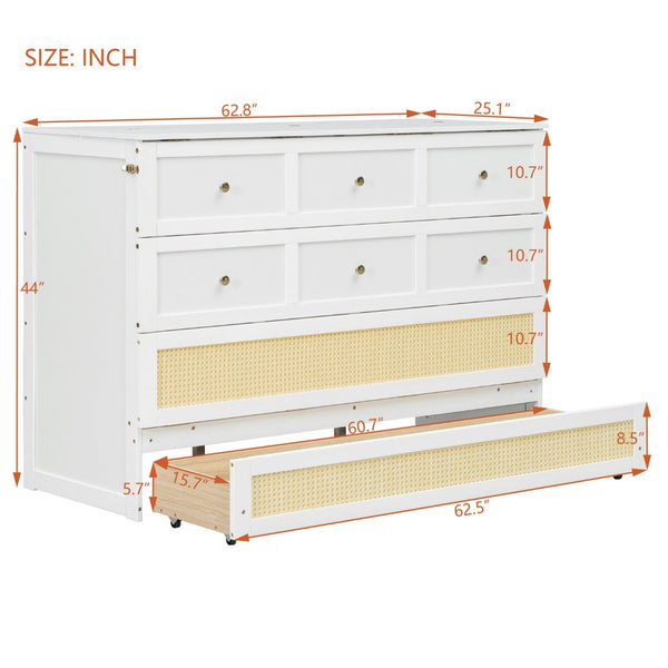 English Elm Queen Murphy Bed Cabinet with Rattan Panel Detail and Built-in Storage Drawers White LP000678AAK-1