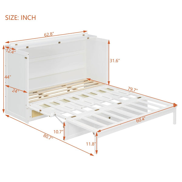 English Elm Queen Murphy Bed Cabinet with Rattan Panel Detail and Built-in Storage Drawers White LP000678AAK-1