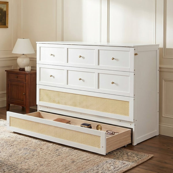 English Elm Queen Murphy Bed Cabinet with Rattan Panel Detail and Built-in Storage Drawers White LP000678AAK-1