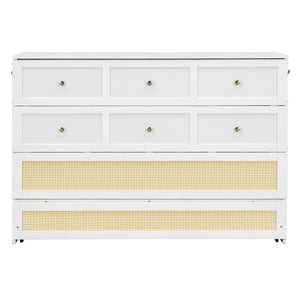 English Elm Queen Murphy Bed Cabinet with Rattan Panel Detail and Built-in Storage Drawers White LP000678AAK-1