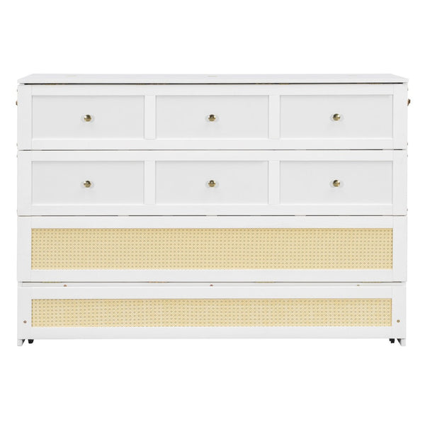 English Elm Queen Murphy Bed Cabinet with Rattan Panel Detail and Built-in Storage Drawers White LP000678AAK-1