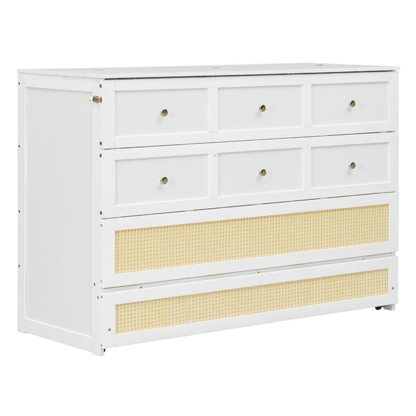 English Elm Queen Murphy Bed Cabinet with Rattan Panel Detail and Built-in Storage Drawers White LP000678AAK-1