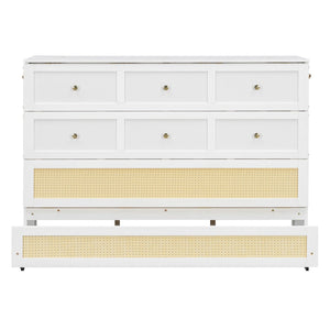 English Elm Queen Murphy Bed Cabinet with Rattan Panel Detail and Built-in Storage Drawers White LP000678AAK-1
