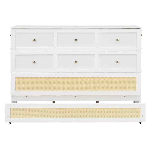 English Elm Queen Murphy Bed Cabinet with Rattan Panel Detail and Built-in Storage Drawers White LP000678AAK-1