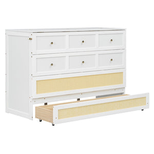 English Elm Queen Murphy Bed Cabinet with Rattan Panel Detail and Built-in Storage Drawers White LP000678AAK-1