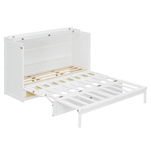 English Elm Queen Murphy Bed Cabinet with Rattan Panel Detail and Built-in Storage Drawers White LP000678AAK-1