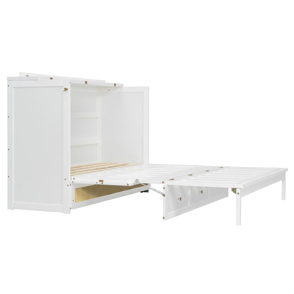 English Elm Queen Murphy Bed Cabinet with Rattan Panel Detail and Built-in Storage Drawers White LP000678AAK-1