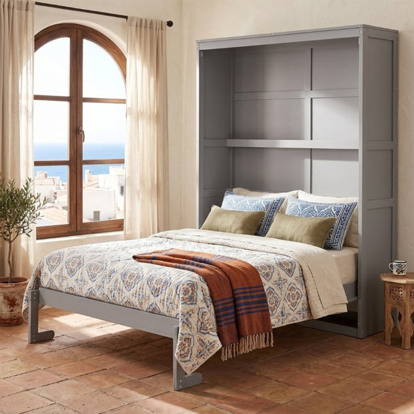 English Elm Full Size Murphy Wall Bed with Side Shelving for Studio and Multi-Use Spaces Gray LP000692AAE-3