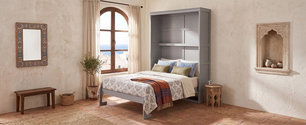 English Elm Full Size Murphy Wall Bed with Side Shelving for Studio and Multi-Use Spaces Gray LP000692AAE-3