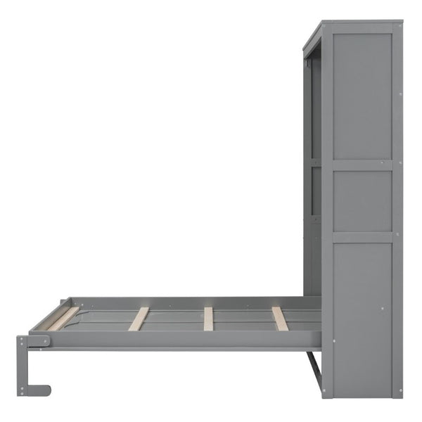 English Elm Full Size Murphy Wall Bed with Side Shelving for Studio and Multi-Use Spaces Gray LP000692AAE-3