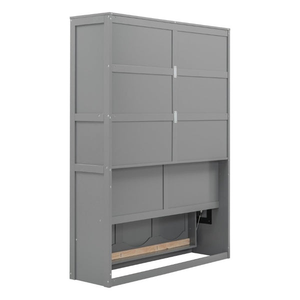 English Elm Full Size Murphy Wall Bed with Side Shelving for Studio and Multi-Use Spaces Gray LP000692AAE-3