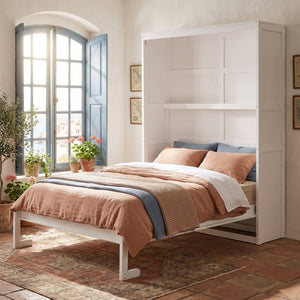 English Elm Full Size Murphy Wall Bed with Side Shelving for Studio and Multi-Use Spaces White LP000692AAK-3