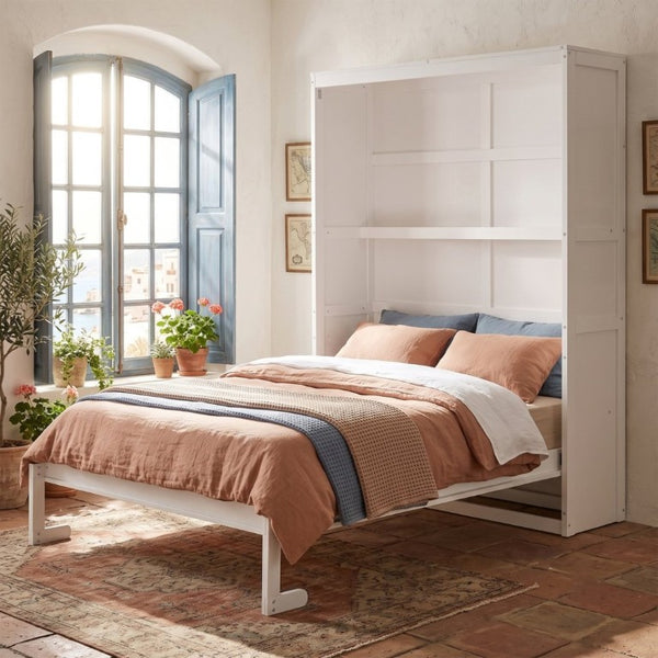 English Elm Full Size Murphy Wall Bed with Side Shelving for Studio and Multi-Use Spaces White LP000692AAK-3
