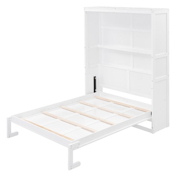 English Elm Full Size Murphy Wall Bed with Side Shelving for Studio and Multi-Use Spaces White LP000692AAK-3
