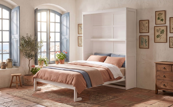 English Elm Full Size Murphy Wall Bed with Side Shelving for Studio and Multi-Use Spaces White LP000692AAK-3