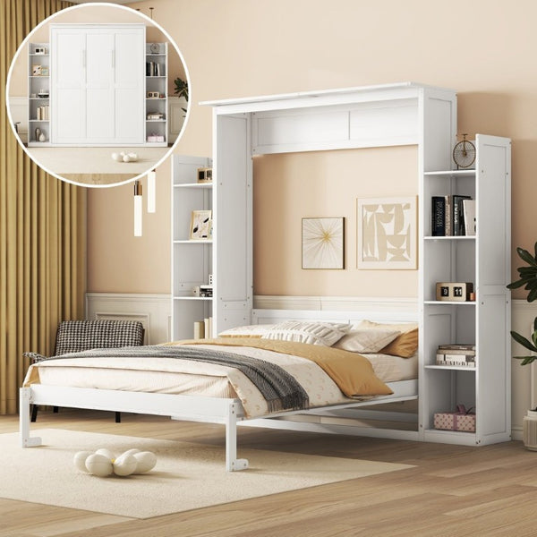 English Elm Queen Murphy Wall Bed with Dual Piston Lift LED Lighting and Five Shelf Storage Towers LP000695AAK-2
