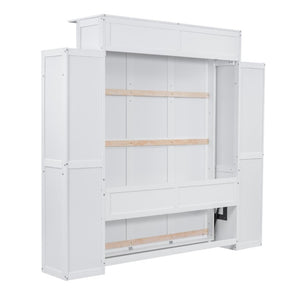English Elm Queen Murphy Wall Bed with Dual Piston Lift LED Lighting and Five Shelf Storage Towers LP000695AAK-2