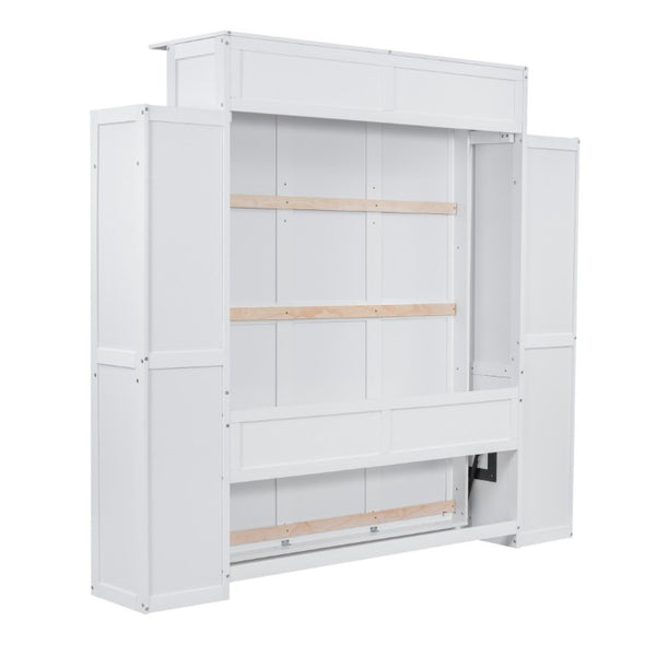 English Elm Queen Murphy Wall Bed with Dual Piston Lift LED Lighting and Five Shelf Storage Towers LP000695AAK-2