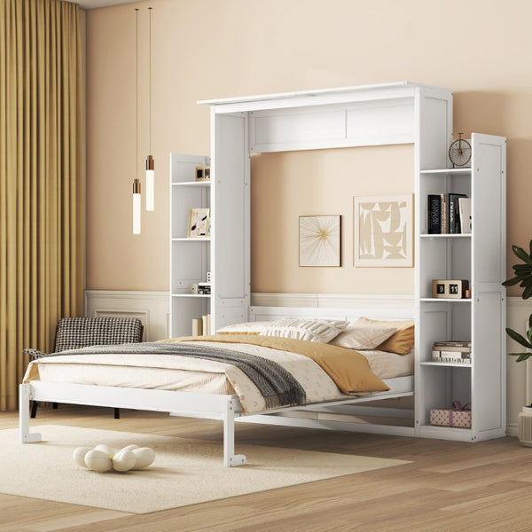English Elm Queen Murphy Wall Bed with Dual Piston Lift LED Lighting and Five Shelf Storage Towers LP000695AAK-2