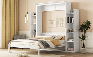 English Elm Queen Murphy Wall Bed with Dual Piston Lift LED Lighting and Five Shelf Storage Towers LP000695AAK-2