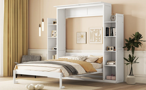 English Elm Queen Murphy Wall Bed with Dual Piston Lift LED Lighting and Five Shelf Storage Towers LP000695AAK-2