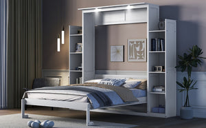 English Elm Queen Murphy Wall Bed with Dual Piston Lift LED Lighting and Five Shelf Storage Towers LP000695AAK-2