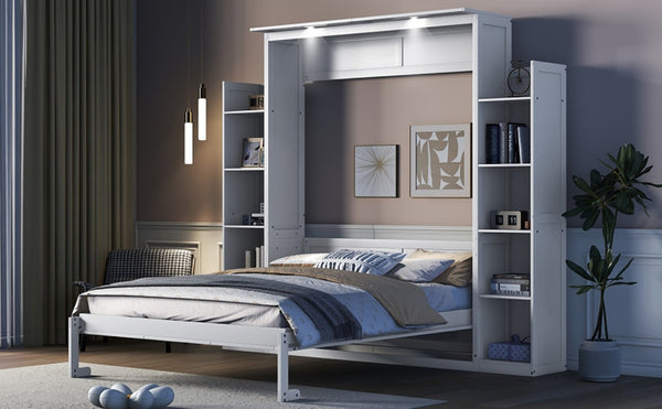 English Elm Queen Murphy Wall Bed with Dual Piston Lift LED Lighting and Five Shelf Storage Towers LP000695AAK-2