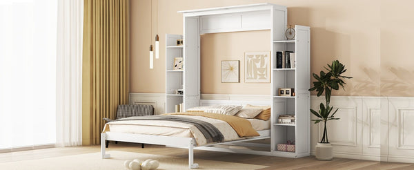 English Elm Queen Murphy Wall Bed with Dual Piston Lift LED Lighting and Five Shelf Storage Towers LP000695AAK-2
