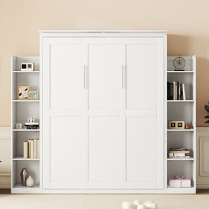 English Elm Queen Murphy Wall Bed with Dual Piston Lift LED Lighting and Five Shelf Storage Towers LP000695AAK-2