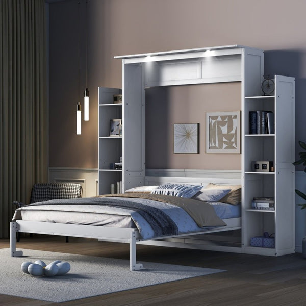 English Elm Queen Murphy Wall Bed with Dual Piston Lift LED Lighting and Five Shelf Storage Towers LP000695AAK-2