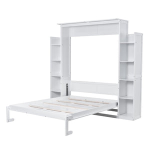 English Elm Queen Murphy Wall Bed with Dual Piston Lift LED Lighting and Five Shelf Storage Towers LP000695AAK-2