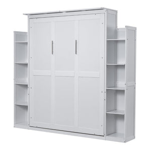 English Elm Queen Murphy Wall Bed with Dual Piston Lift LED Lighting and Five Shelf Storage Towers LP000695AAK-2