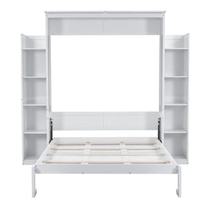 English Elm Queen Murphy Wall Bed with Dual Piston Lift LED Lighting and Five Shelf Storage Towers LP000695AAK-2