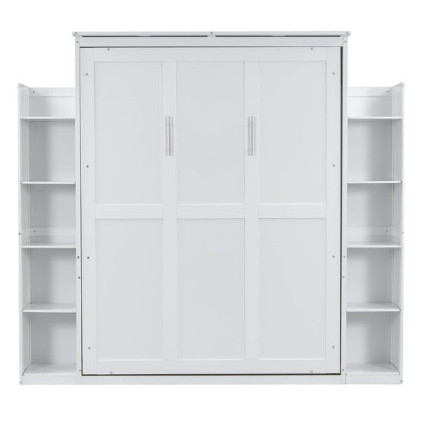 English Elm Queen Murphy Wall Bed with Dual Piston Lift LED Lighting and Five Shelf Storage Towers LP000695AAK-2