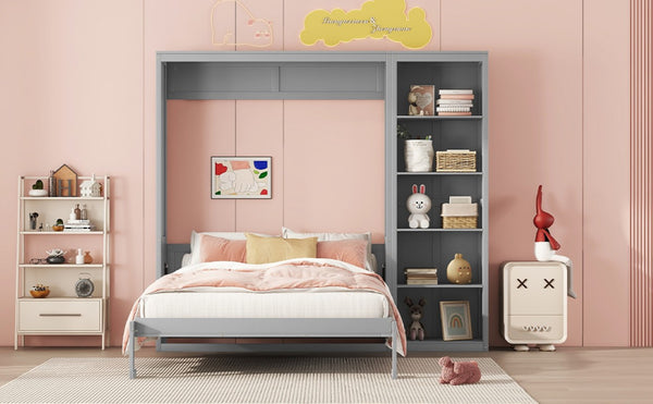 English Elm Full Size Murphy Bed with Integrated Shelving Unit for Studio and Guest Rooms Gray 87.5 L x 79 W x 83.7 H LP000696AAE-3