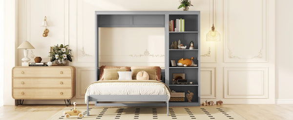 English Elm Queen Murphy Wall Bed with Five Shelf Cabinet MDF Plywood Studio Space Saver Gray LP000697AAE-3