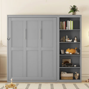 English Elm Queen Murphy Wall Bed with Five Shelf Cabinet MDF Plywood Studio Space Saver Gray LP000697AAE-3