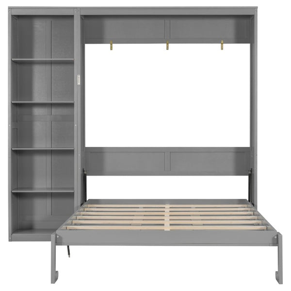 English Elm Queen Murphy Wall Bed with Five Shelf Cabinet MDF Plywood Studio Space Saver Gray LP000697AAE-3