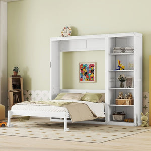 English Elm Queen Murphy Wall Bed with Five Shelf Storage Cabinet in White MDF for Guest Rooms LP000697AAK-3